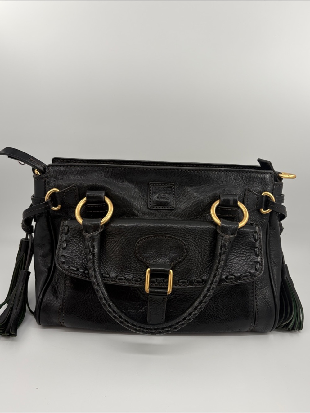 Dooney & Bourke Florentine Black Leather Satchel Gold Hardware and Tassels